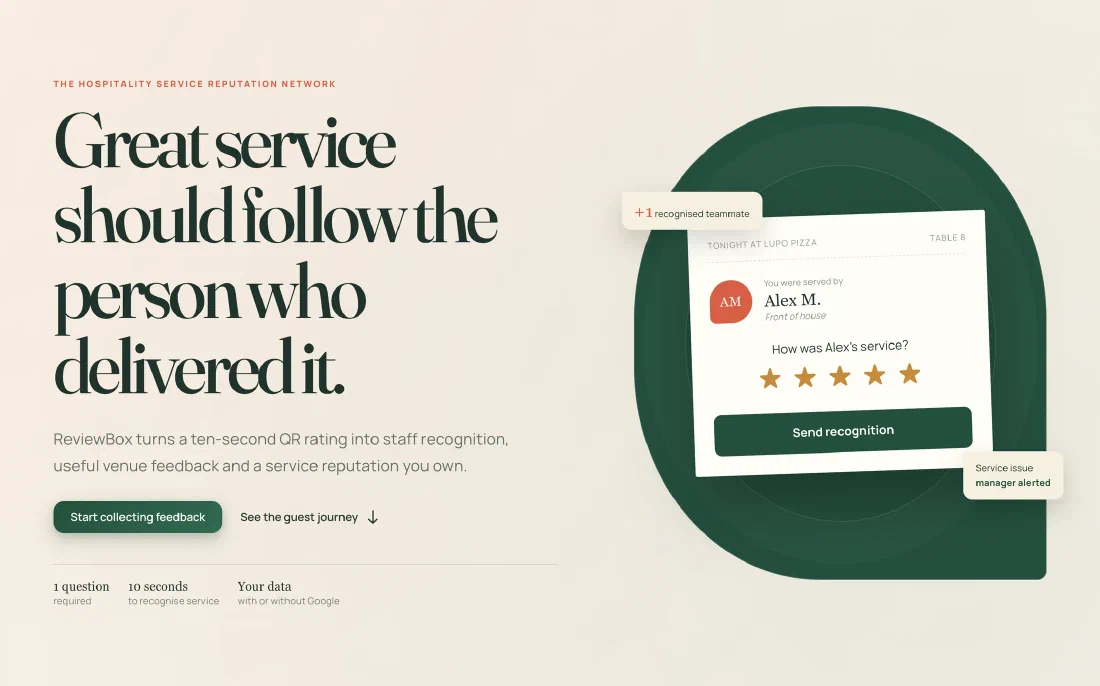 The ReviewBox homepage: Great service should follow the person who delivered it