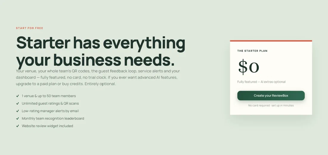 ReviewBox Starter plan: $0, fully featured, no card required